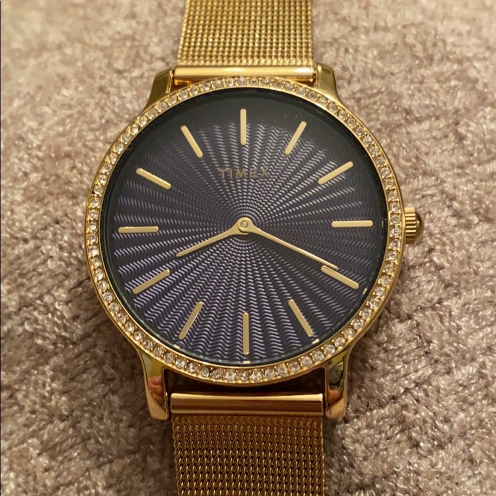 Timex Goldtone Watch With Diamond Accent Blue Face